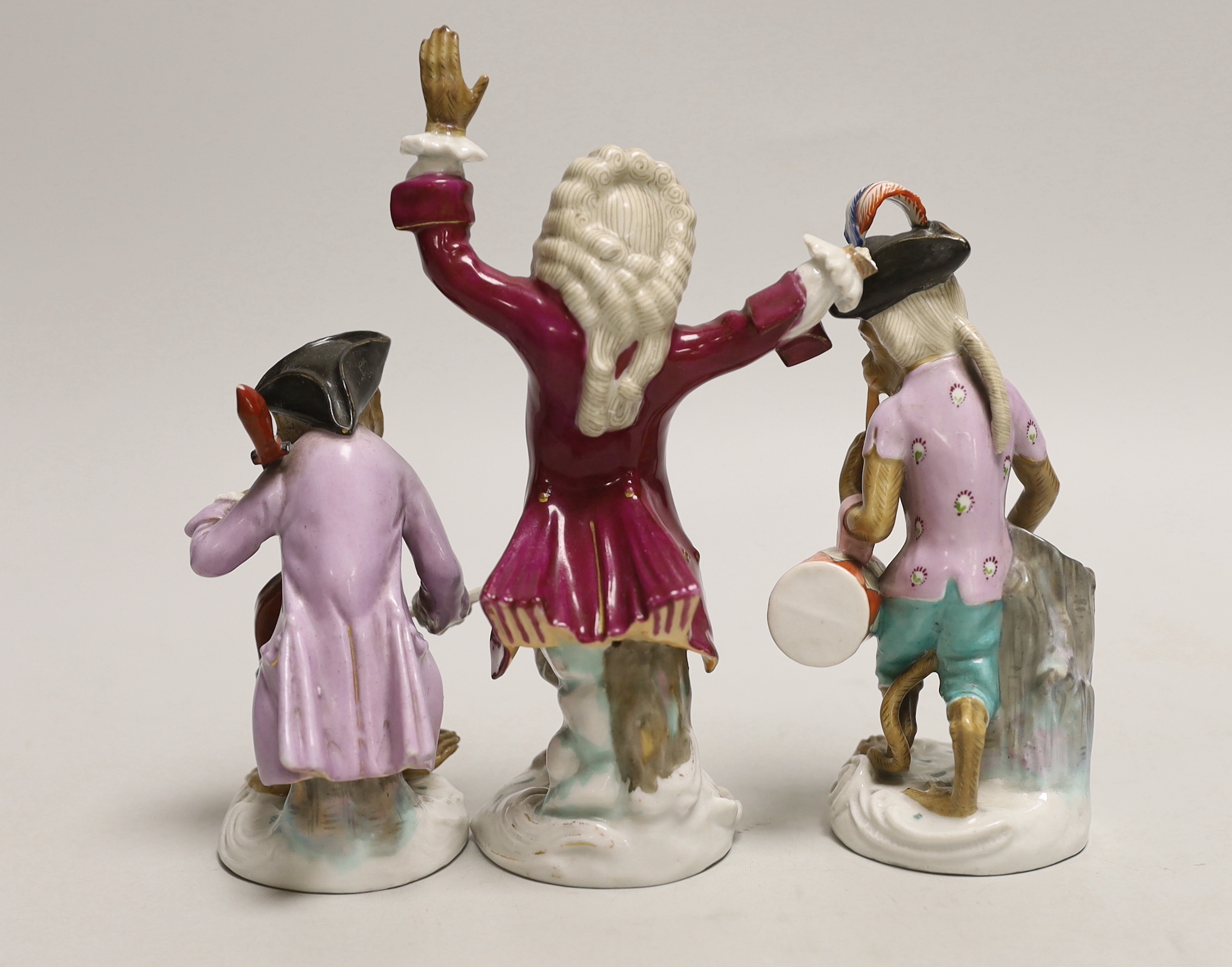 Five Volkstedt porcelain monkey band figures, tallest 17cm